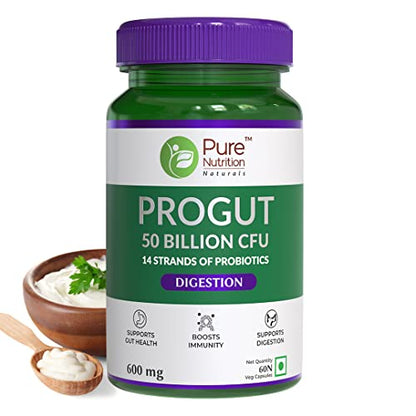 Pure Nutrition Naturals Progut 50 billion CFU with 14 strains of probiotic bacteria l Probiotic caps and Men to Support Gut Health l - 60 veg Capsules