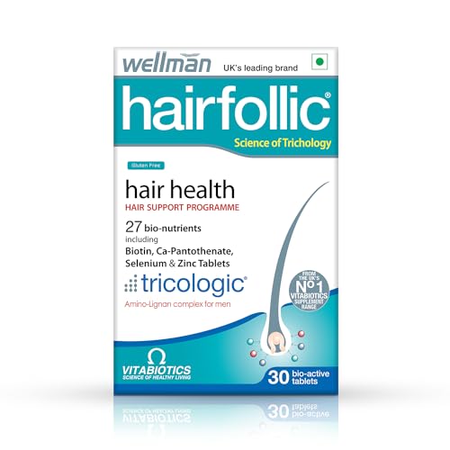 Wellman Hairfollic Hair supplements for Men with zinc, selenium, lignans that supports hair growth, ide strength to hair roots | vegetarian 30 tablets