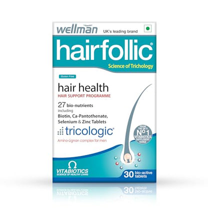 Wellman Hairfollic Hair supplements for Men with zinc, selenium, lignans that supports hair growth, ide strength to hair roots | vegetarian 30 tablets