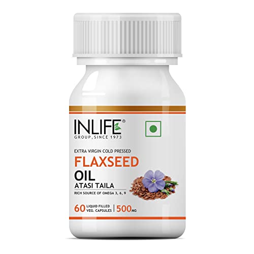INLIFE Flaxseed Oil Veg Omega 3 6 9 Supplement, Extra Virgin Cold Pressed 500 mg - 60 Vegetarian Capsules (Pack of 1)