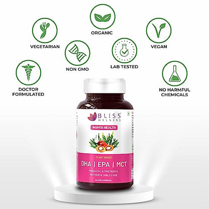 Bliss Welness Prenatal Postnatal Mother & Child Care, Omega 3 DHA EPA MCT from Algae Oil, For Pregna& Child Health Supplement - 60 Vegetarian Capsules