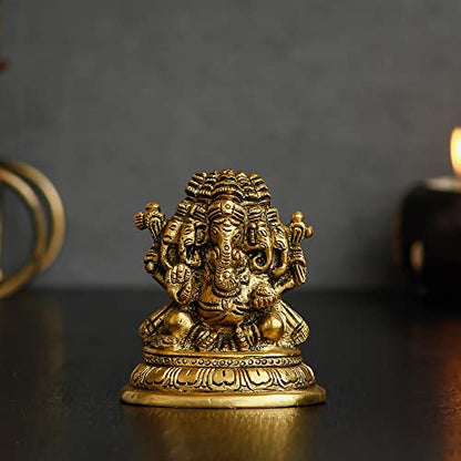 Handcrafted Golden Brass Panchmukhi Lord Ganesha Idol - Hindu God Idol for Home Decor, Puja Room - Ganesha Statue