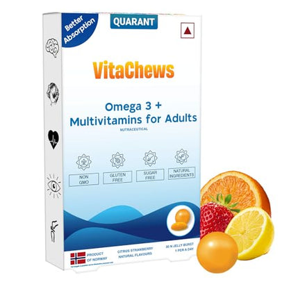 QUARANT VitaChews Omega 3 Fish Oil 500 mg + Multivitamin, 30 Sugar Free Gummies For Men & Women, 250Joints, Brain, Eyes & Total Health, Made in Norway