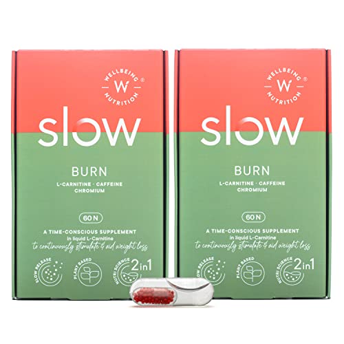 Wellbeing Nutrition Slow | Burn | Fat Burner for Men & Women | Caffeine & Chromium in Advanced Liquiolism, Energy & Endurance (60 Capsules, Pack of 2)