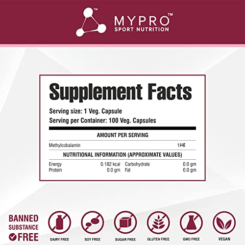 Mypro Sport Nutrition Vitamin B12 Veg Capsules - Normal Energy Production and Metabolism, Immune Sys Nervous support -100 Veg Capsules For Men & Women