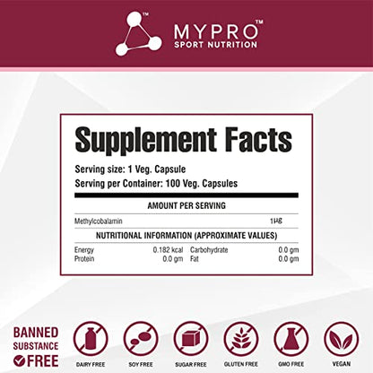 Mypro Sport Nutrition Vitamin B12 Veg Capsules - Normal Energy Production and Metabolism, Immune Sys Nervous support -100 Veg Capsules For Men & Women