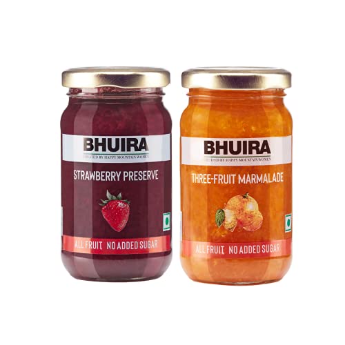 Bhuira Strawberry Preserve & Three Fruit Marmalade-240g Each|No Added Sugar|No Added preservatives |No Artifical Color