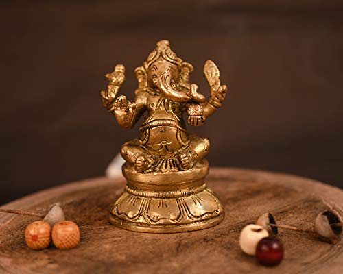 Collectible India Brass Lord Ganesha Statue murti God Ganesh Ganpati Sitting Idol Sculpture Good Luck & Success(Size: 3 x 2.5 Inches)