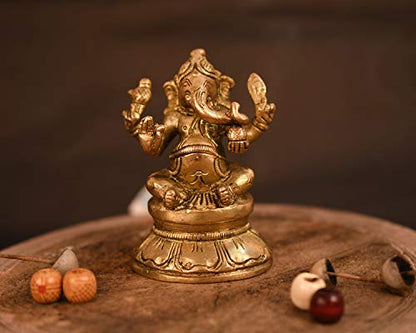 Collectible India Brass Lord Ganesha Statue murti God Ganesh Ganpati Sitting Idol Sculpture Good Luck & Success(Size: 3 x 2.5 Inches)