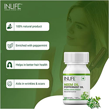 INLIFE Neem Oil 350mg with Peppermint Oil 150mg for Digestive Health & Skin, Hair Care Supplement, Enteric Coated Capsules – 60 Veg Caps