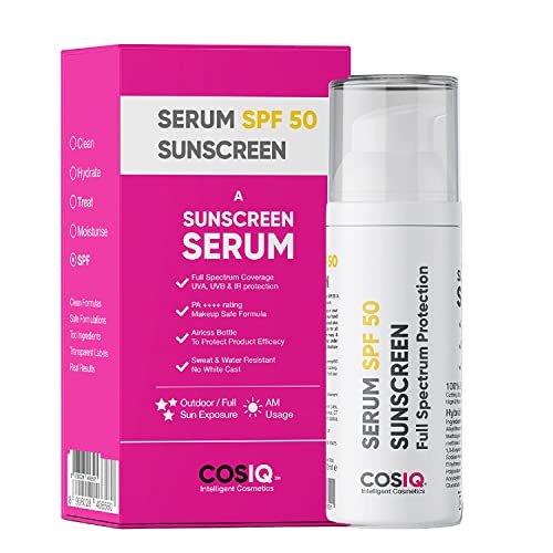Cos-IQ Sunscreen Serum SPF 50 PA++++ | Broad Spectrum UVA, UVB & IR Protection | No White Cast | Ultn-Greasy, Quick Absorbing | For Women & Men | 30ml