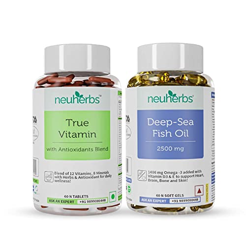 Neuherbs Daily Vitamin Supplement Combo- Multivitamin with zinc, Iodine and vitamin c + Omega-3 Fishish oil 2500 mg) : 60 Units each for Men and Women