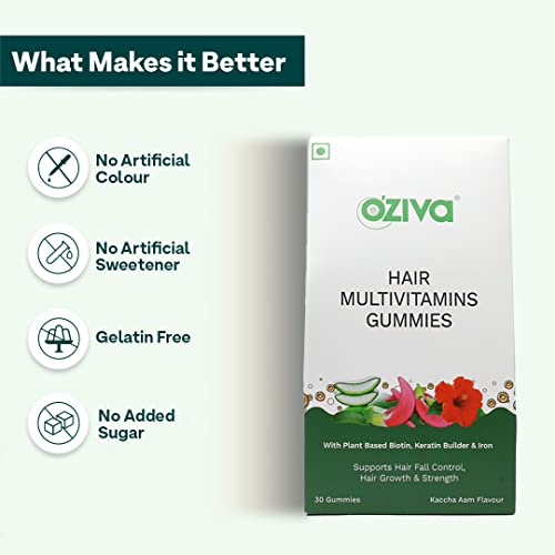 OZiva Biotin Hair Multivitamins Gummies for Stronger, Fuller, Shinier Hair | Hair Gummies with KeratRaw Mango Flavour | No Added Sugar (Pack of 1, 30)