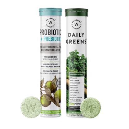 Wellbeing Nutrition Daily Probiotic + Prebiotic & Daily Greens, Wholefood Multivitamin - 36 Effervescent Tabs