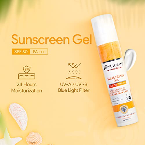 Astaberry Indulge Sunscreen Gel SPF 50 PA+++ |Broad Spectrum protection from UVA/B & Blue Light| SunE & No White Cast | Light Weight & Non Greasy- 50g