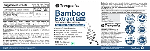 Trexgenics BAMBOO EXTRACT 70% Silica 600 mg Hair,Skin, Nails Support VEGAN & NON-GMO (60 Veg. Capsules)
