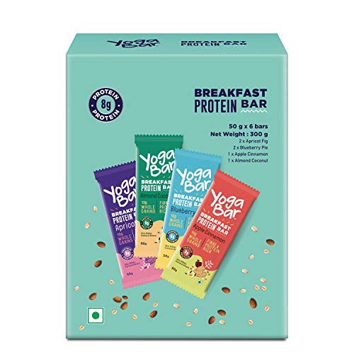 Yogabar Breakfast Protein Variety (Almond Coconut, Apricot & Fig, Blueberry, Apple Cinnamon Bars - 300gm, 6 x 50 g