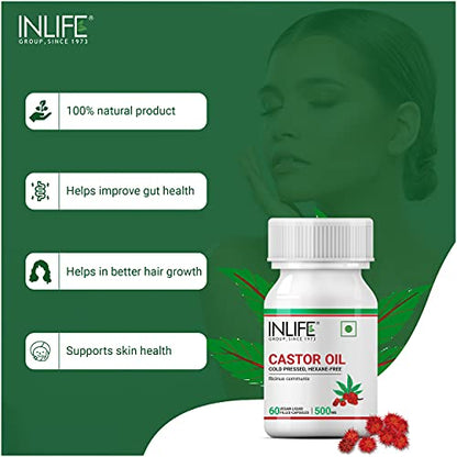 INLIFE Castor Oil Supplement for Hair and Skin, Natural Laxative, Quick Release, 500mg – 60 Liquid Filled Veg Capsules