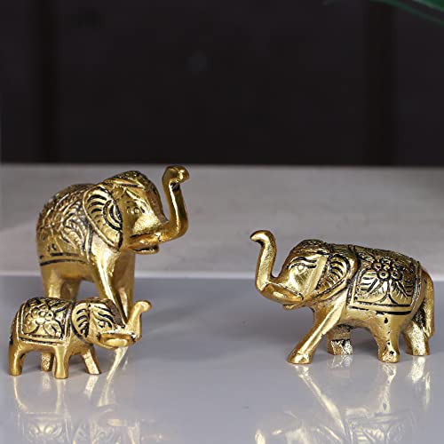Elephant Showpiece Metal Statue Small Size Gold Polish 3 pcs Set for Decorative Showpiece
