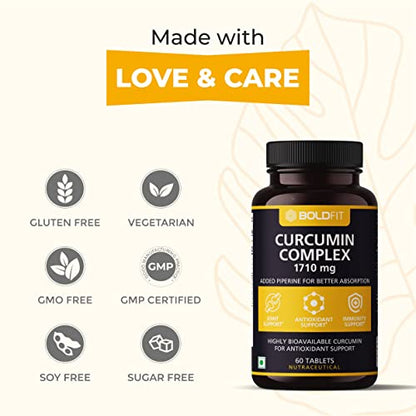 Boldfit Curcumin Tablets 1700mg with Piperine 10mg for Better Absorption, Immunity Support, Antioxidant & Joint Support - 60 Veg Tablets