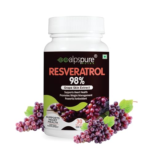 Alpspure Nutra Resveratrol 98% (Grape Skin Extract), 30 Tablets |Supports Heart Health and Weight Ma Anti-ageing & Anti-inflammatory | For Men & Women