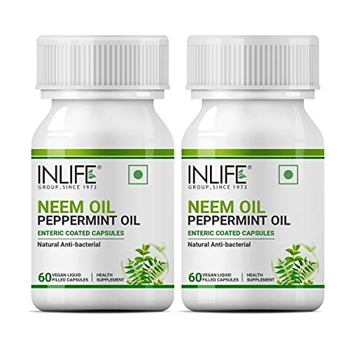 INLIFE Neem Oil 350mg with Peppermint Oil 150mg for Digestive Health & Skin, Hair Care Supplement, Enteric Coated Capsules – 60 Veg Caps (Pack of 2)