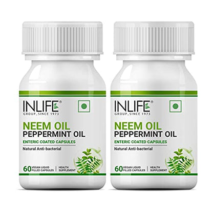 INLIFE Neem Oil 350mg with Peppermint Oil 150mg for Digestive Health & Skin, Hair Care Supplement, Enteric Coated Capsules – 60 Veg Caps (Pack of 2)