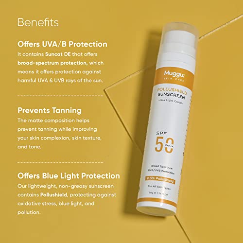 Muggu Skincare Pollushield SPF 50 PA+++ Sunscreen with 0.5% Pollushield | UVA/UVB Sun Protection | Uight Weight Matte Sunscreen for Men & Women - 50gm