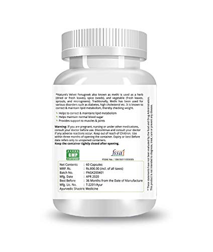 Natures Velvet Lifecare Fenugreek Pure Extract (500 mg), 60 veggie capsules - Pack of 1