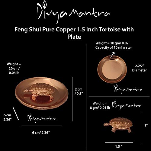 Divya Mantra Feng Shui Pure Copper 1.5 Inch Tortoise/Turtle with 2.25 Inch Diameter Water Plate; Vastu Living