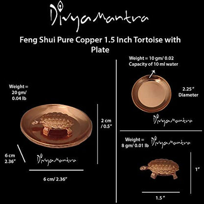 Divya Mantra Feng Shui Pure Copper 1.5 Inch Tortoise/Turtle with 2.25 Inch Diameter Water Plate; Vastu Living