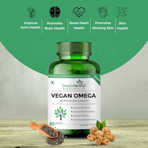 Simply Herbal Organics Pure Vegan Omega 3 6 9 Capsules 500mg Supplement Triple Strength Flaxseed, DHint & Brain Health, Immunity Booster - 60 Capsules