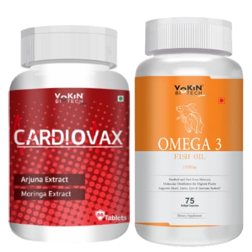 Vokin Biotech Natural Cardiovax 60 Tablets with Arjuna Extract & Moringa Extract + Omega 3 Fish Oil (Orange) 75 Softgel Capsule Combo