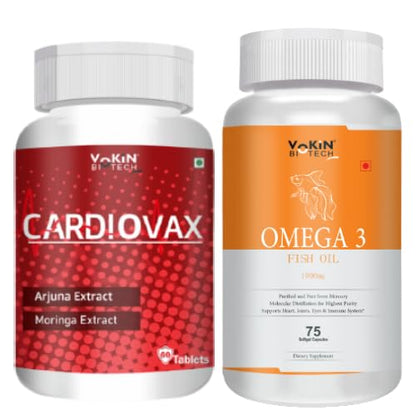 Vokin Biotech Natural Cardiovax 60 Tablets with Arjuna Extract & Moringa Extract + Omega 3 Fish Oil (Orange) 75 Softgel Capsule Combo