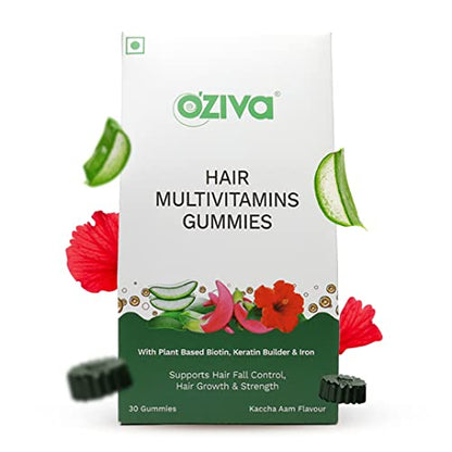 OZiva Biotin Hair Multivitamins Gummies for Stronger, Fuller, Shinier Hair | Hair Gummies with KeratRaw Mango Flavour | No Added Sugar (Pack of 1, 30)