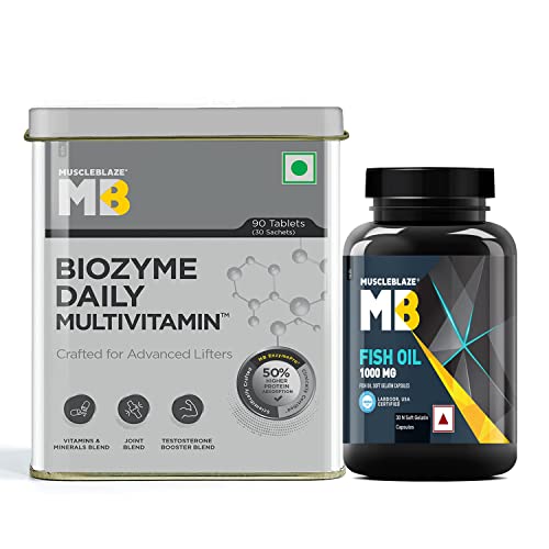 MuscleBlaze Biozyme Daily Multivitamin, 90 Tablets, with US Patent Filed EAF®, with Omega 3 Fish Oil Higher Energy & Improved Performance (Combo Pack)