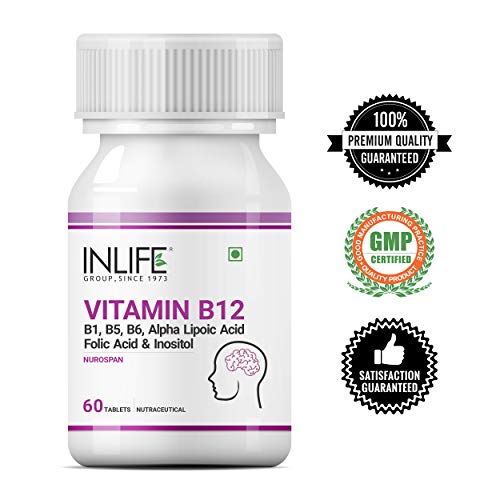 INLIFE Vitamin B12 with B1, B5, B6, Alpha Lipoic Acid ALA, Folic Acid, Inositol Supplements - 60 Tablets (Pack of 1, 60)