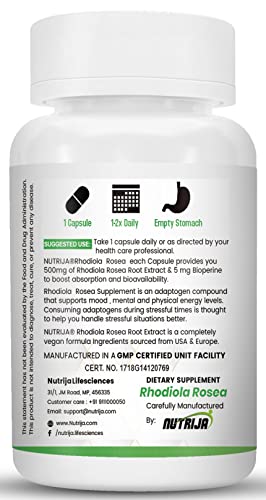 NutriJa Rhodiola Rosea Root Extract 500mg - Standardized to 3% Rosavins & 1% Salidroside | Adaptogen Complex with Bioperine (120 Capsules)