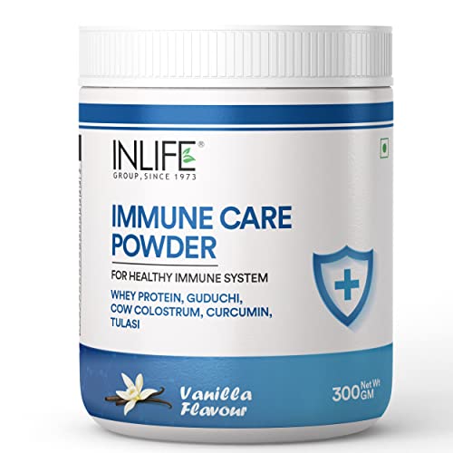 INLIFE Immune Care / Booster Protein Powder, Whey Protein with Ayurvedic Herbs, Turmeric, Guduchi, Tulasi, Colostrum - 300g (Vanilla)