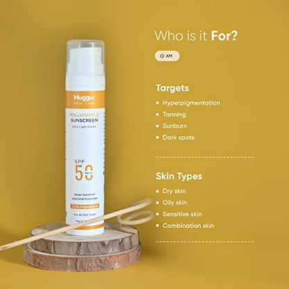 Muggu Skincare Pollushield SPF 50 PA+++ Sunscreen with 0.5% Pollushield | UVA/UVB Sun Protection | Uight Weight Matte Sunscreen for Men & Women - 50gm