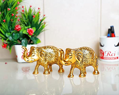 Metal Elephant Statue Small Size Gold Polish 2 pcs Set for Your Home,Office Table