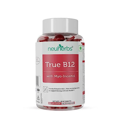 Neuherbs Plant-Based True B12 Supplements For Men & Women | With Myo-inositol, Folic Acid & Spirulinrgy, Brain Health & Better Absorption (60 Tablets)