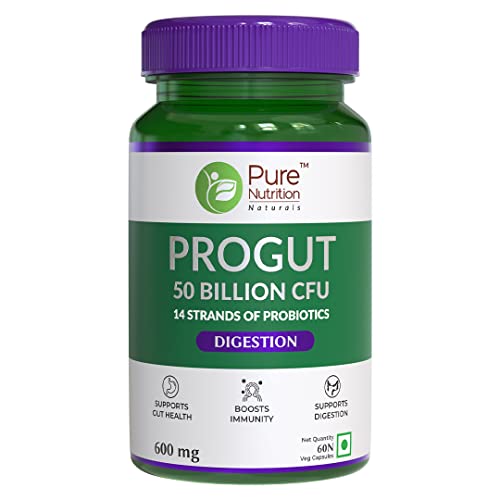 Pure Nutrition Naturals Progut 50 billion CFU with 14 strains of probiotic bacteria l Probiotic caps and Men to Support Gut Health l - 60 veg Capsules