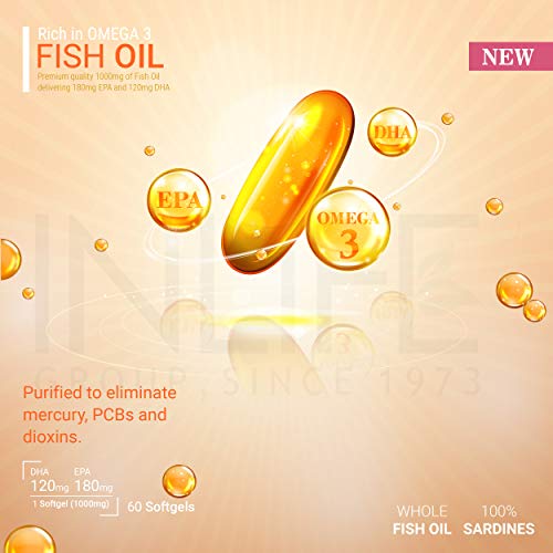 INLIFE Fish Oil Omega 3 Capsules 180mg EPA 120mg DHA Molecularly Distilled Supplements, 1000mg - 60 Softgels