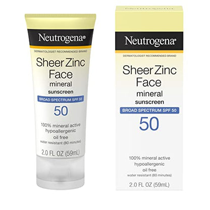 Neutrogena Sheer Zinc Oxide Dry-Touch Face Sunscreen with Broad Spectrum SPF 50, Oil-Free, Non-Comedogenic & Non-Greasy Mineral Sunscreen, 2 fl. oz