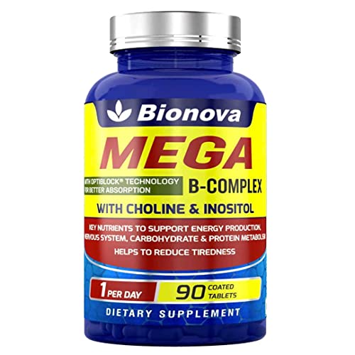 Bionova Mega B Complex Tablets | 100% RDA of B Vitamins With Choline And Inositol | Energy Booster | For Men & Women | 90 Tablets