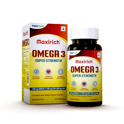 Cipla Maxirich Omega 3 | Super Strength Capsule | EPA 500mg | DHA 350mg | Immune Booster Capsules | rts Heart, Eye, Joint & Brain Health | 60 Capsules