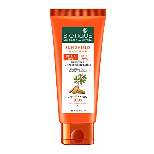 Biotique Sandalwood Sunscreen Ultra Soothing Face Lotion, SPF 50+ |Ultra Protective Lotion| Keeps Skturized| Water Resistant| For All Skin Types| 50ml