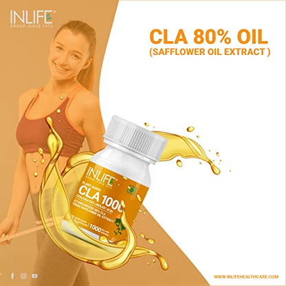 INLIFE CLA Supplements 1000, 80% Active Conjugated Linoleic Acid Safflower Oil Extract for Men and Women, 1000mg – 90 Veg Capsules