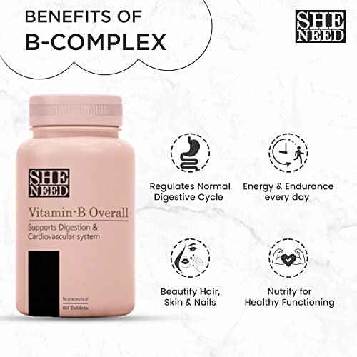 SheNeed Vitamin-B Overall Complex With Vitamin B1,B2,B3,B5,B6,B7,B9, B12 With Vit-C For Energy, Beautioning | vegan | for men & women | 60 Veg Tablets